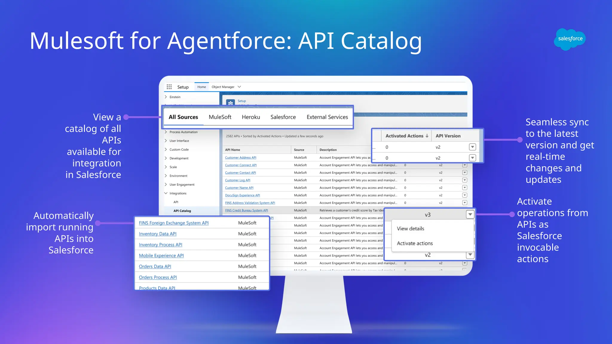 View a
catalog of all
APIs
available for
integration
in Salesforce
Automatically
import running
APIs into
Salesforce
Activate
operations from
APIs as
Salesforce
invocable
actions
Seamless sync
to the latest
version and get
real-time
changes and
updates
Mulesoft for Agentforce: API Catalog
 