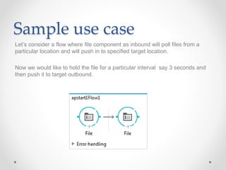 Sample use case
Let’s consider a flow where file component as inbound will poll files from a
particular location and will push in to specified target location.
Now we would like to hold the file for a particular interval say 3 seconds and
then push it to target outbound.
 
