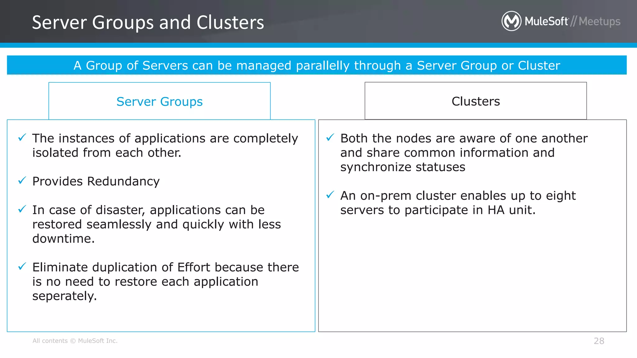 All contents © MuleSoft Inc.
Server Groups and Clusters
28
A Group of Servers can be managed parallelly through a Server Group or Cluster
Server Groups Clusters
 The instances of applications are completely
isolated from each other.
 Provides Redundancy
 In case of disaster, applications can be
restored seamlessly and quickly with less
downtime.
 Eliminate duplication of Effort because there
is no need to restore each application
seperately.
 Both the nodes are aware of one another
and share common information and
synchronize statuses
 An on-prem cluster enables up to eight
servers to participate in HA unit.
 