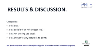RESULTS & DISCUSSION.
Categories:
• Best alias?
• Best benefit of an API led scenario?
• Best API layering use case?
• Best answer to why not point-to-point?
We will summarise results (anonymously) and publish results for the meetup group.
 