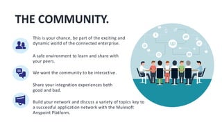 THE COMMUNITY.
This is your chance, be part of the exciting and
dynamic world of the connected enterprise.
Share your integration experiences both
good and bad.
A safe environment to learn and share with
your peers.
Build your network and discuss a variety of topics key to
a successful application network with the Mulesoft
Anypoint Platform.
We want the community to be interactive.
 