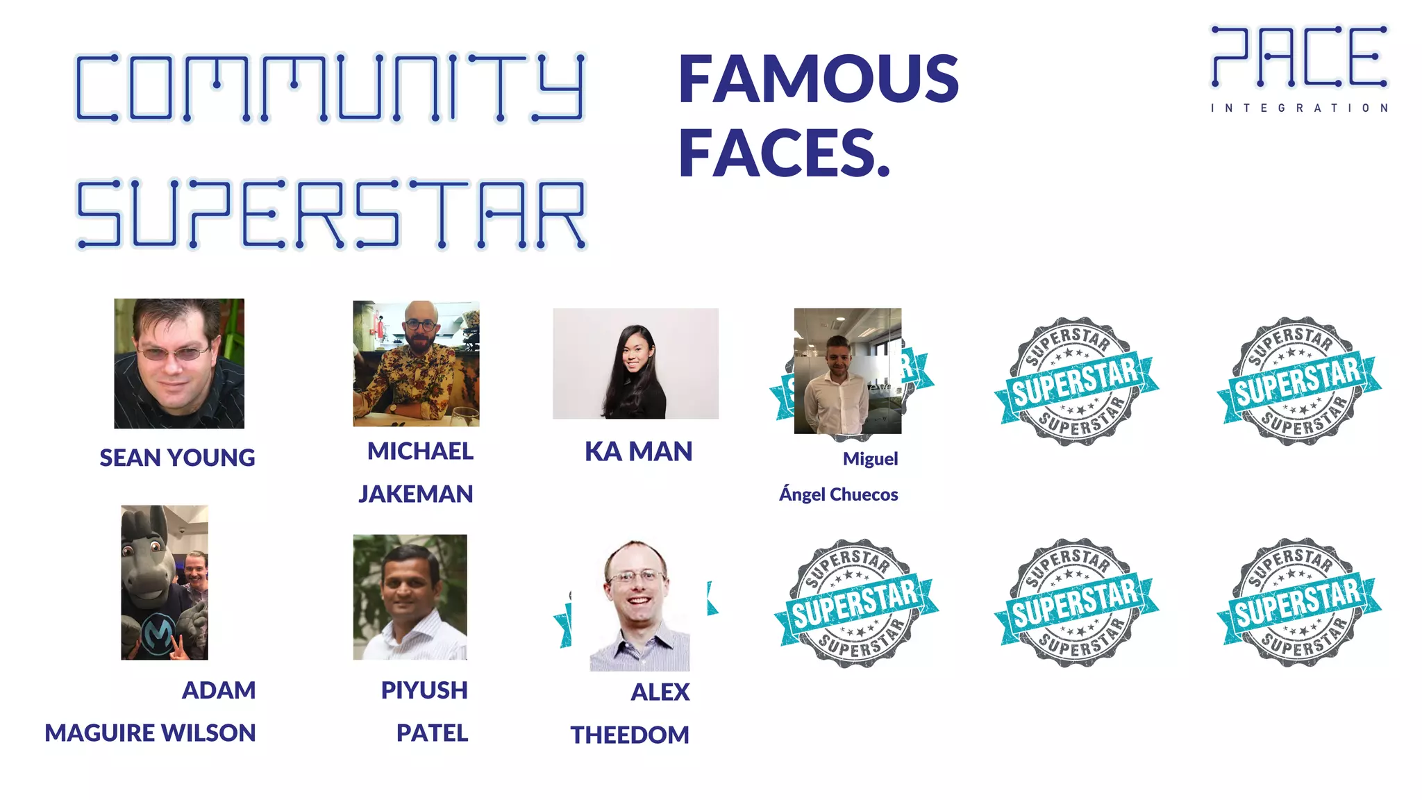 ADAM
MAGUIRE WILSON
FAMOUS
FACES.
SEAN YOUNG MICHAEL
JAKEMAN
PIYUSH
PATEL
KA MAN
ALEX
THEEDOM
Miguel
Ángel Chuecos
 