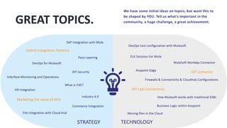 GREAT TOPICS.
SAP Integration with Mule
We have some initial ideas on topics, but want this to
be shaped by YOU. Tell us what’s important in the
community, a huge challenge, a great achievement.
DevOps for Mulesoft
What is C4E?
API Security
Marketing the value of APIs
HR Integration
Commerce Integration
Industry 4.0
Pace Layering
Interface Monitoring and Operations
File Integration with Cloud Hub
Hybrid Integration Patterns
API Led Connectivity
MuleSoft Workday Connector
Firewalls & Connectivity & CloudHub Configurations
DevOps tool configuration with Mulesoft
Business Logic within Anypoint
ELK Solution For Mule
Moving files in the Cloud
How Mulesoft works with traditional ESBs
Anypoint Edge
STRATEGY TECHNOLOGY
IOT scenarios
 