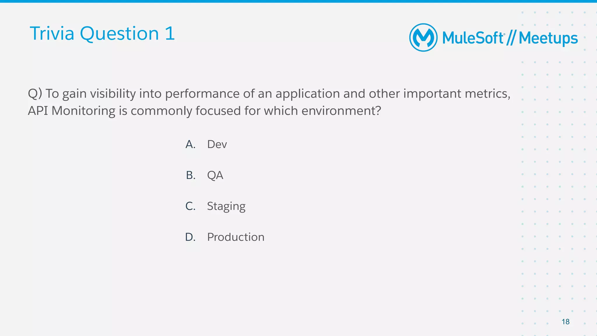 Trivia Question 1
Q) To gain visibility into performance of an application and other important metrics,
API Monitoring is commonly focused for which environment?
A. Dev
B. QA
C. Staging
D. Production
18
 