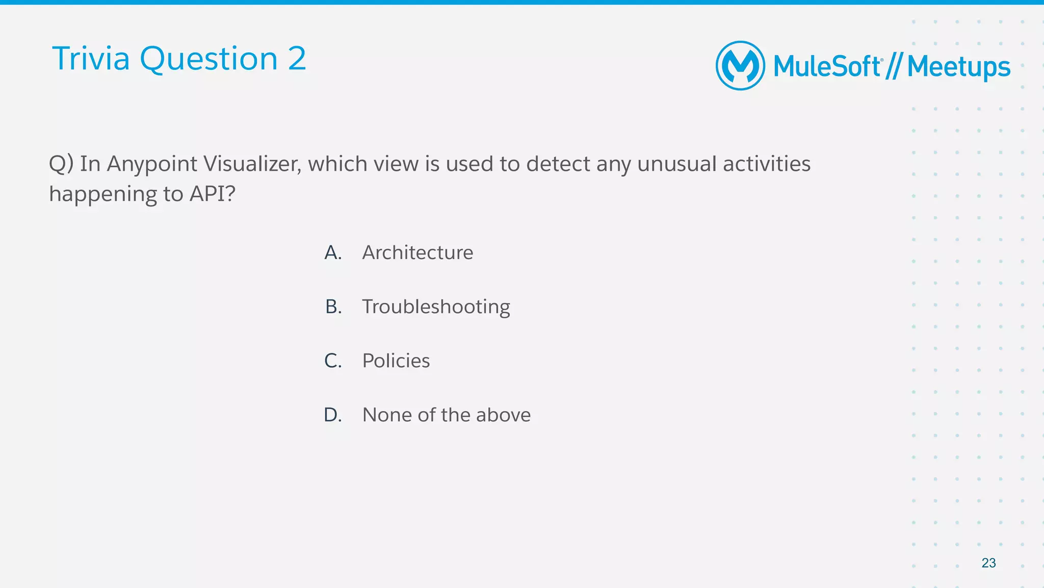 Trivia Question 2
Q) In Anypoint Visualizer, which view is used to detect any unusual activities
happening to API?
A. Architecture
B. Troubleshooting
C. Policies
D. None of the above
23
 