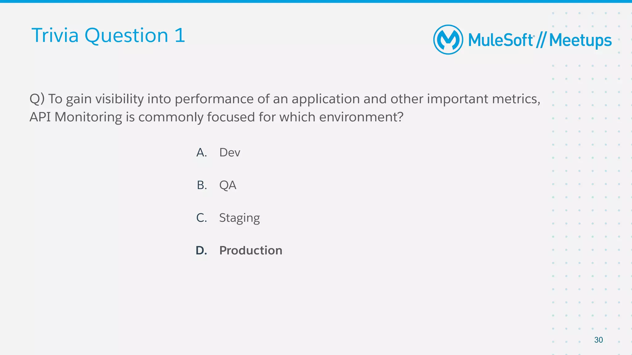 Trivia Question 1
30
Q) To gain visibility into performance of an application and other important metrics,
API Monitoring is commonly focused for which environment?
A. Dev
B. QA
C. Staging
D. Production
 