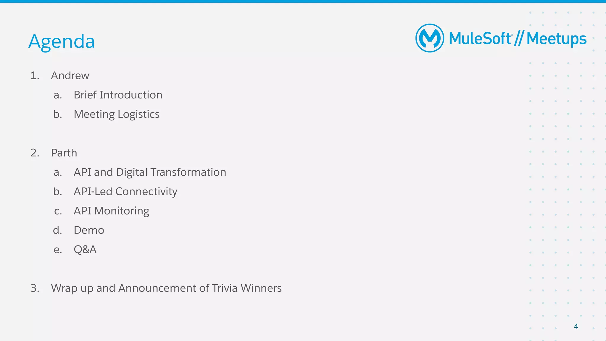 Agenda
1. Andrew
a. Brief Introduction
b. Meeting Logistics
2. Parth
a. API and Digital Transformation
b. API-Led Connectivity
c. API Monitoring
d. Demo
e. Q&A
3. Wrap up and Announcement of Trivia Winners
4
 