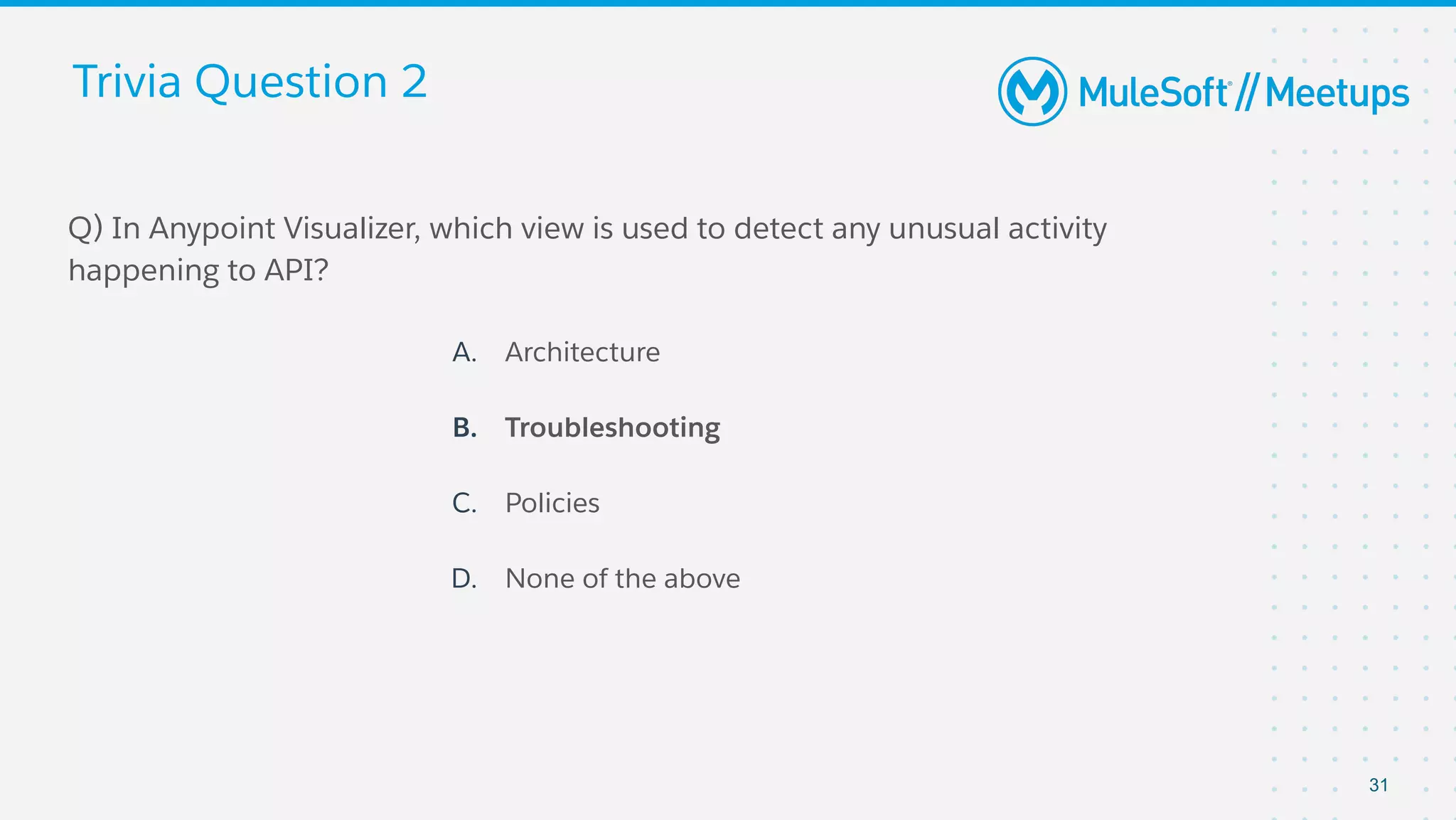 Trivia Question 2
Q) In Anypoint Visualizer, which view is used to detect any unusual activity
happening to API?
A. Architecture
B. Troubleshooting
C. Policies
D. None of the above
31
 