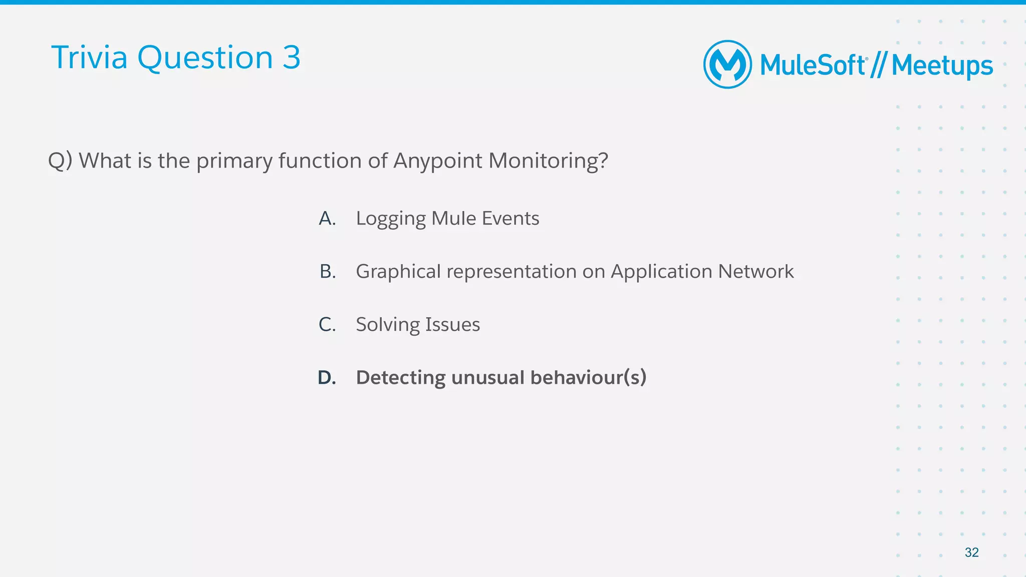 Trivia Question 3
Q) What is the primary function of Anypoint Monitoring?
A. Logging Mule Events
B. Graphical representation on Application Network
C. Solving Issues
D. Detecting unusual behaviour(s)
32
 