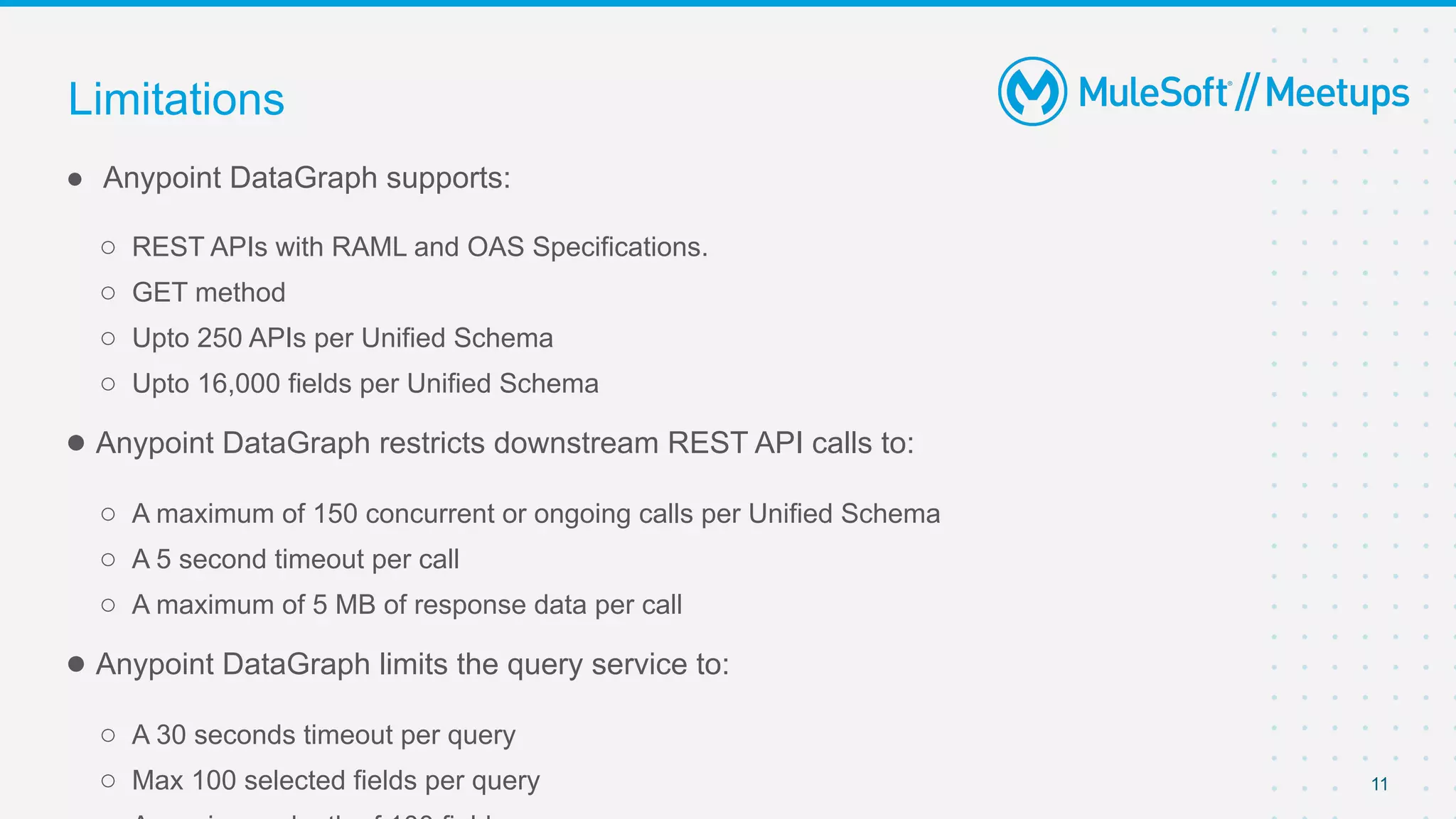 11
● Anypoint DataGraph supports:
○ REST APIs with RAML and OAS Specifications.
○ GET method
○ Upto 250 APIs per Unified Schema
○ Upto 16,000 fields per Unified Schema
● Anypoint DataGraph restricts downstream REST API calls to:
○ A maximum of 150 concurrent or ongoing calls per Unified Schema
○ A 5 second timeout per call
○ A maximum of 5 MB of response data per call
● Anypoint DataGraph limits the query service to:
○ A 30 seconds timeout per query
○ Max 100 selected fields per query
Limitations
 