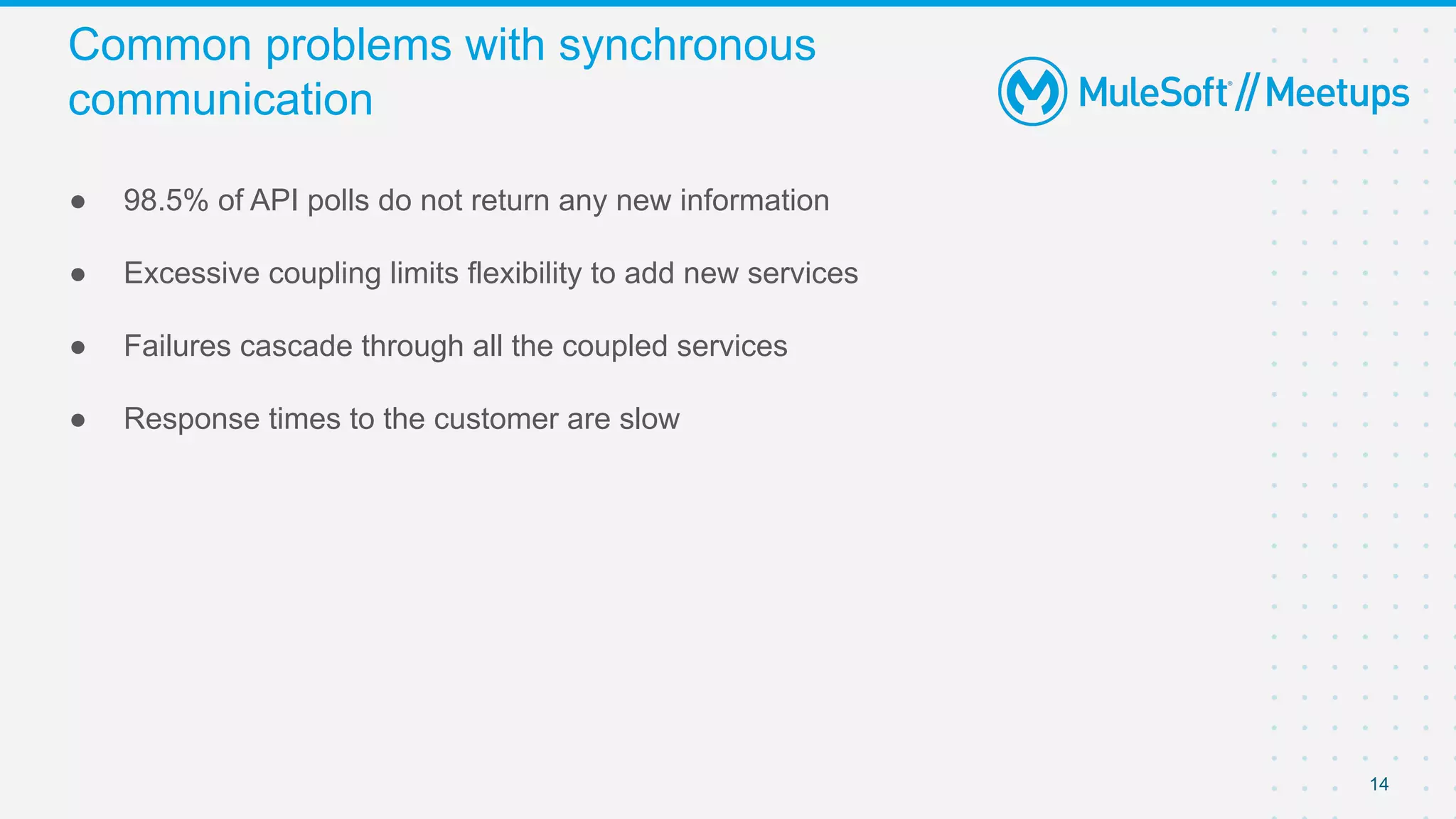 14
● 98.5% of API polls do not return any new information
● Excessive coupling limits flexibility to add new services
● Failures cascade through all the coupled services
● Response times to the customer are slow
Common problems with synchronous
communication
 