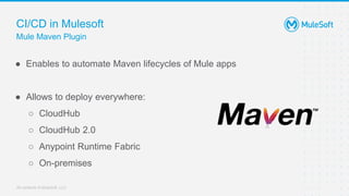 All contents © MuleSoft, LLC
CI/CD in Mulesoft
Mule Maven Plugin
● Enables to automate Maven lifecycles of Mule apps
● Allows to deploy everywhere:
○ CloudHub
○ CloudHub 2.0
○ Anypoint Runtime Fabric
○ On-premises
 