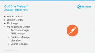 All contents © MuleSoft, LLC
CI/CD in Mulesoft
Anypoint Platform APIs
● Authentication
● Design Center
● Exchange
● Management Center
○ Access Manager
○ API Manager
○ Runtime Manager
○ Visualizer
○ Secret Manager
 