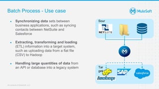 All contents © MuleSoft, LLC
Batch Process - Use case
● Synchronizing data sets between
business applications, such as syncing
contacts between NetSuite and
Salesforce
● Extracting, transforming and loading
(ETL) information into a target system,
such as uploading data from a flat file
(CSV) to Hadoop
● Handling large quantities of data from
an API or database into a legacy system
Sour
ce
Tar
get
 