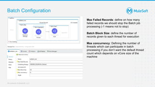 All contents © MuleSoft, LLC
Batch Configuration
Max Failed Records: define on how many
failed records we should stop the Batch job
processing (-1 means not to stop)
Batch Block Size: define the number of
records given to each thread for execution
Max concurrency: Defining the number of
threads which can participate in batch
processing if you don’t want the default thread
count which depends on vCore size of the
machine
 