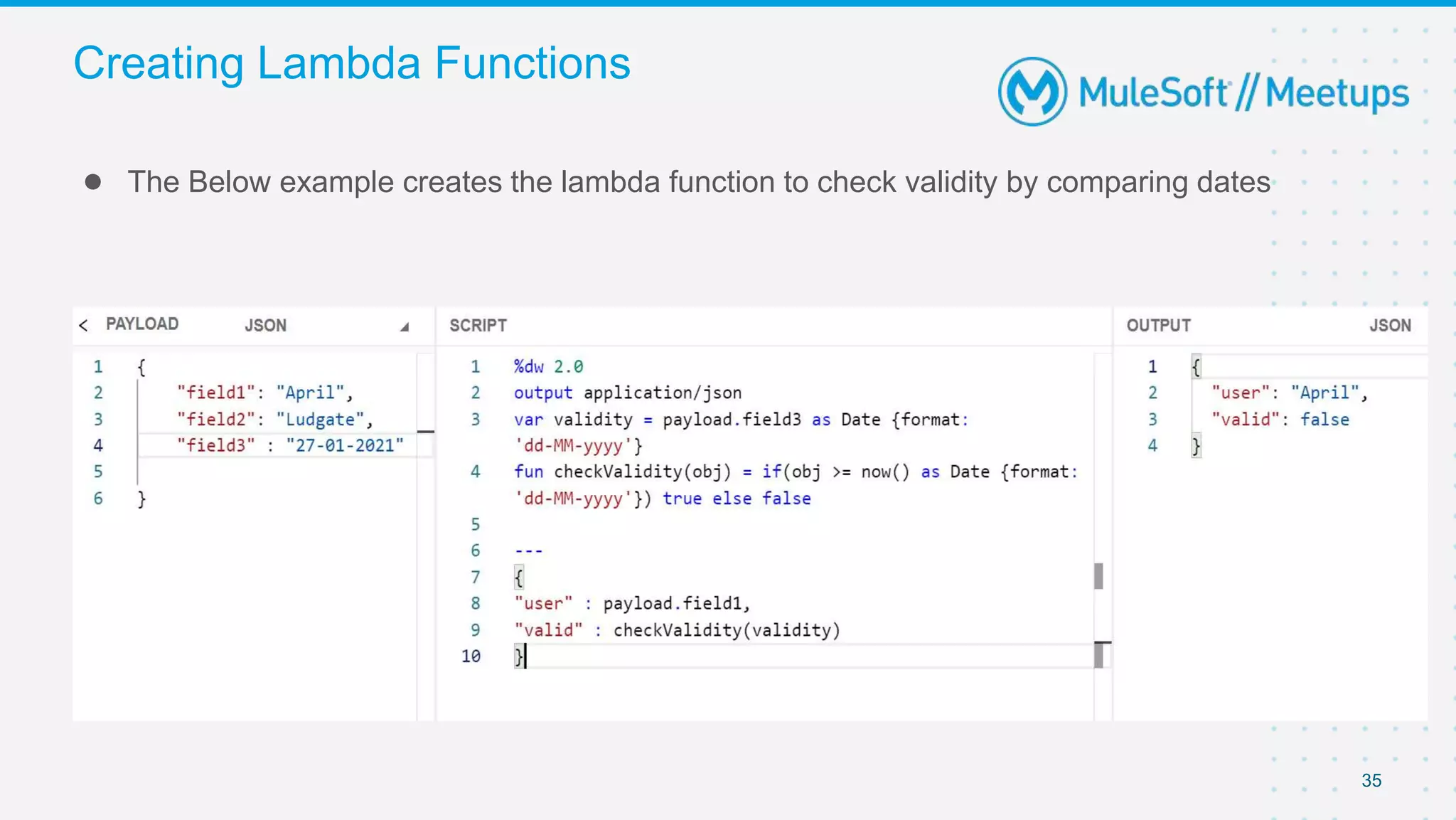 35
● The Below example creates the lambda function to check validity by comparing dates
Creating Lambda Functions
 