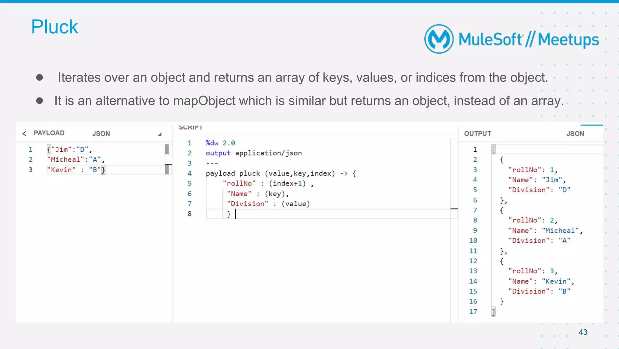 43
● Iterates over an object and returns an array of keys, values, or indices from the object.
● It is an alternative to mapObject which is similar but returns an object, instead of an array.
Pluck
 