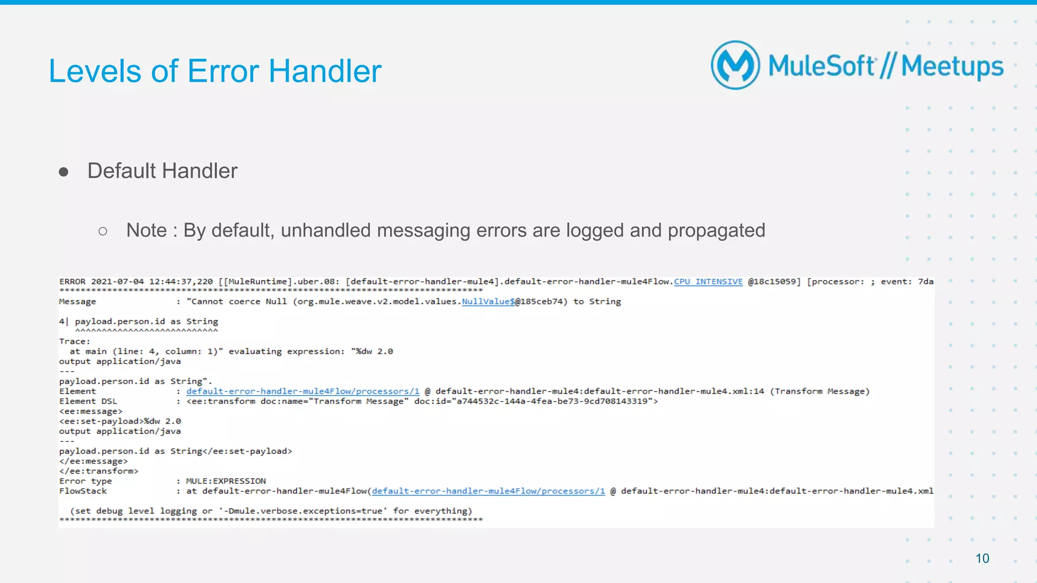 Levels of Error Handler
● Default Handler
○ Note : By default, unhandled messaging errors are logged and propagated
10