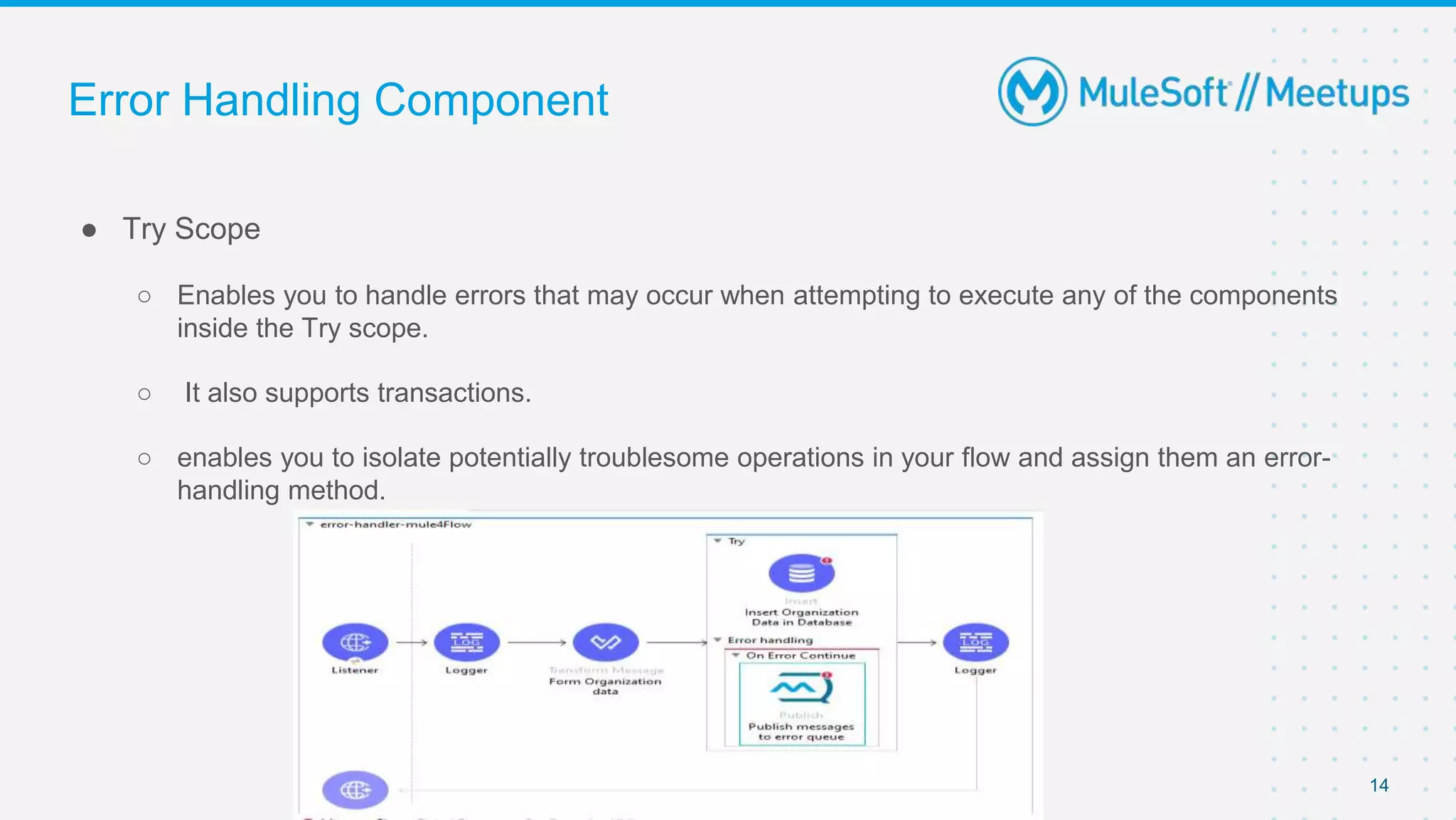 Error Handling Component
● Try Scope
○ Enables you to handle errors that may occur when attempting to execute any of the components
inside the Try scope.
○ It also supports transactions.
○ enables you to isolate potentially troublesome operations in your flow and assign them an error-
handling method.
14