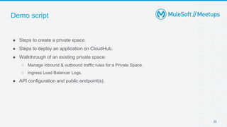 ● Steps to create a private space.
● Steps to deploy an application on CloudHub.
● Walkthrough of an existing private space:
○ Manage inbound & outbound traffic rules for a Private Space.
○ Ingress Load Balancer Logs.
● API configuration and public endpoint(s).
Demo script
25
 