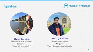 8
Speakers
Anurag Sharma
MuleSoft Architect
Nagarro
Topic: Anypoint Code Builder
Alvaro Acevedo
Senior Solution Architect
Salesforce
Topic: Cloud-HUb 2.0
 