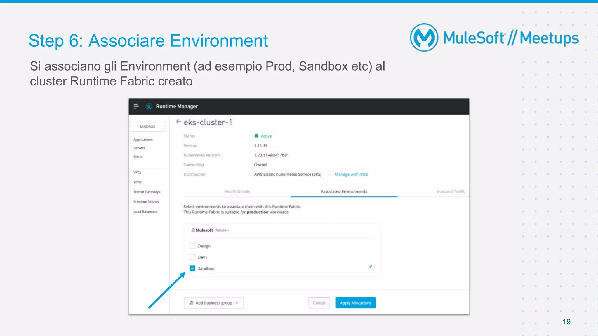 Step 6: Associare Environment
19
Si associano gli Environment (ad esempio Prod, Sandbox etc) al
cluster Runtime Fabric creato
 
