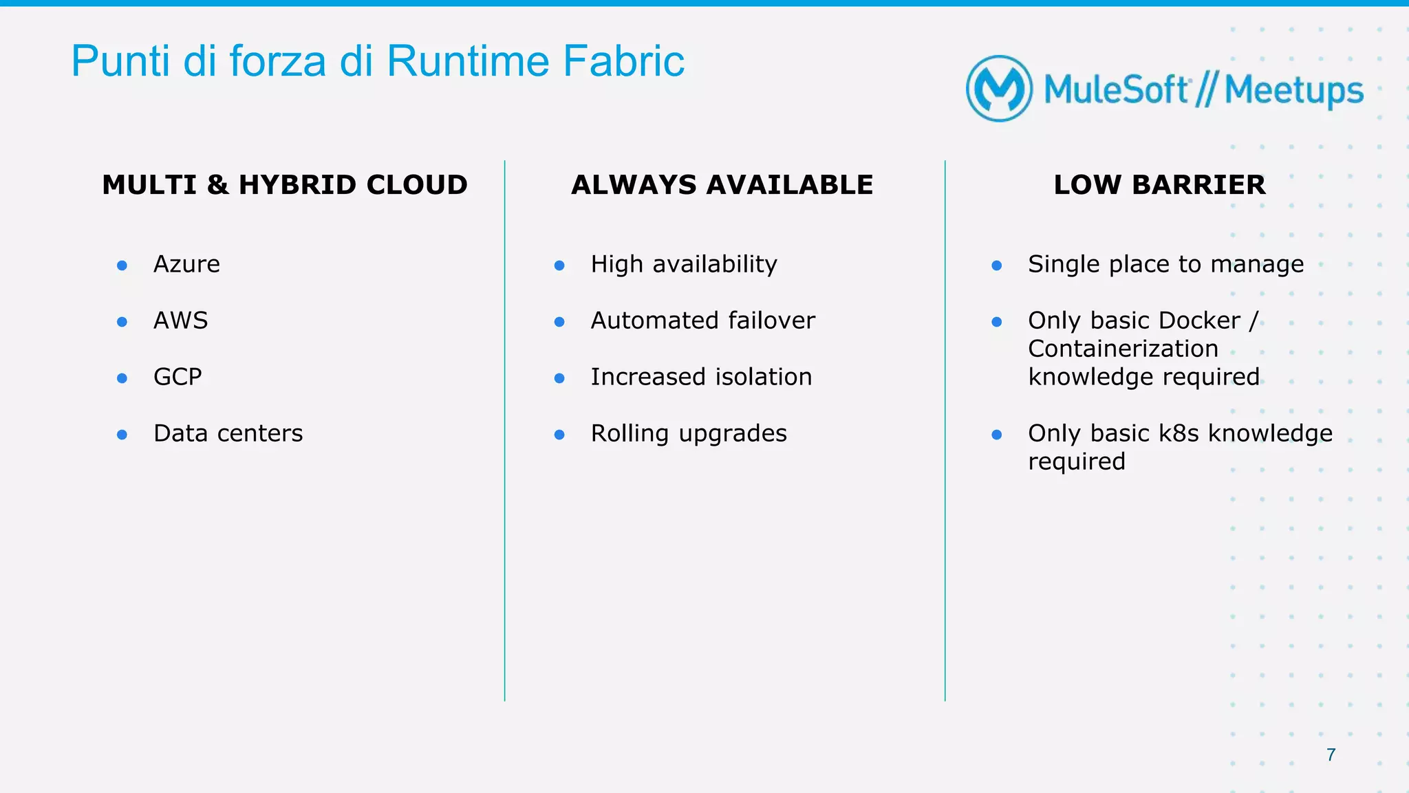 Punti di forza di Runtime Fabric
7
MULTI & HYBRID CLOUD
● Azure
● AWS
● GCP
● Data centers
ALWAYS AVAILABLE
● High availability
● Automated failover
● Increased isolation
● Rolling upgrades
LOW BARRIER
● Single place to manage
● Only basic Docker /
Containerization
knowledge required
● Only basic k8s knowledge
required
 