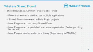8
● Shared Flows (a.k.a. Common Flows or Global Flows):
○ Flows that we can shared across multiple applications
○ Shared Flows are created in Mule Plugin projects
○ Mule Plugins can host many Shared Flows
○ Mule Plugins can be published in external repositories (Exchange, Jfrog,
Nexus, etc)
○ Mule Plugins can be added as a library (dependency in POM file)
What are Shared Flows?
 