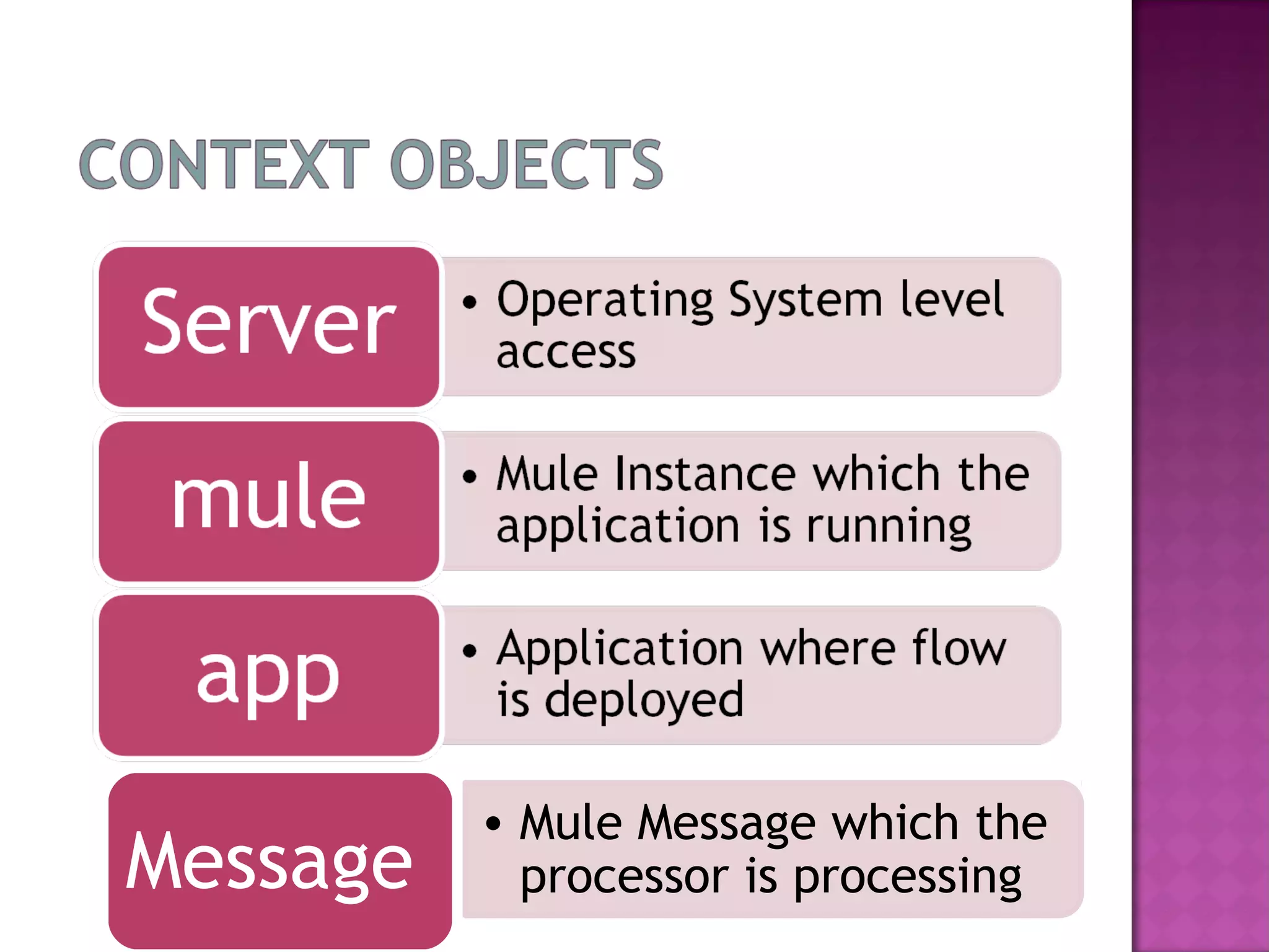 Message
• Mule Message which the
processor is processing
 