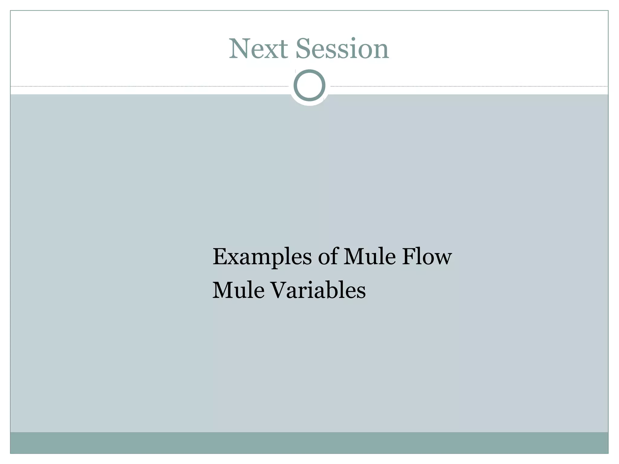 Next Session
Examples of Mule Flow
Mule Variables
 