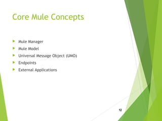 Core Mule Concepts
 Mule Manager
 Mule Model
 Universal Message Object (UMO)
 Endpoints
 External Applications
12
 