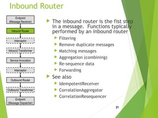 Inbound Router
 The inbound router is the fist step
in a message. Functions typically
performed by an inbound router
 Filtering
 Remove duplicate messages
 Matching messages
 Aggregation (combining)
 Re-sequence data
 Forwarding
 See also
 IdempotentReceiver
 CorrolationAggregator
 CorrelationResequencer
21
Endpoint
(Message Dispatcher)
Inbound Router
Outbound Router
Inbound Transformer
Outbound Transformer
Interceptor
Service Invocation
Interceptor
Endpoint
(Message Receiver)
 