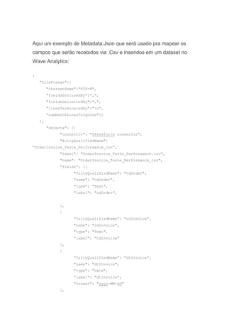 Aqui um exemplo de Metadata.Json que será usado pra mapear os
campos que serão recebidos via .Csv e inseridos em um dataset no
Wave Analytics:
{
"fileFormat":{
"charsetName":"UTF-8",
"fieldsEnclosedBy":",",
"fieldsDelimitedBy":",",
"linesTerminatedBy":"n",
"numberOfLinesToIgnore":1
},
"objects": [{
"connector": "Salesforce connector",
"fullyQualifiedName":
"OrderInvoice_Teste_Performance_csv",
"label": "OrderInvoice_Teste_Performance.csv",
"name": "OrderInvoice_Teste_Performance_csv",
"fields": [{
"fullyQualifiedName": "cdOrder",
"name": "cdOrder",
"type": "Text",
"label": "cdOrder",
},
{
"fullyQualifiedName": "cdInvoice",
"name": "cdInvoice",
"type": "Text",
"label": "cdInvoice"
},
{
"fullyQualifiedName": "dtInvoice",
"name": "dtInvoice",
"type": "Date",
"label": "dtInvoice",
"format": "yyyy-MM-dd"
},
 