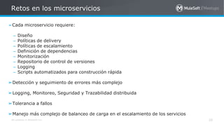 All contents © MuleSoft Inc.
➢Cada microservicio requiere:
– Diseño
– Políticas de delivery
– Políticas de escalamiento
– Definición de dependencias
– Monitorización
– Repositorio de control de versiones
– Logging
– Scripts automatizados para construcción rápida
➢Detección y seguimiento de errores más complejo
➢Logging, Monitoreo, Seguridad y Trazabilidad distribuida
➢Tolerancia a fallos
➢Manejo más complejo de balanceo de carga en el escalamiento de los servicios
Retos en los microservicios
20
 