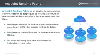 All contents © MuleSoft Inc.
Anypoint Runtime Fabric
30
Anypoint Runtime Fabric es un servicio de orquestación
y automatización de despliegues de instancias de Mule en
contenedores en las principales nubes o en servidores On-
Prem.
➢ Despliega instancias de Mule de manera consistente
entre Azure, AWS y tus propios centros de datos.
➢ Despliega versiones diferentes de Mule en una misma
fábrica.
➢ No se necesitan equipos para administrar las
instancias en cada nube.
 