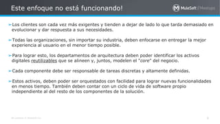 All contents © MuleSoft Inc.
Este enfoque no está funcionando!
➢Los clientes son cada vez más exigentes y tienden a dejar de lado lo que tarda demasiado en
evolucionar y dar respuesta a sus necesidades.
➢Todas las organizaciones, sin importar su industria, deben enfocarse en entregar la mejor
experiencia al usuario en el menor tiempo posible.
➢Para lograr esto, los departamentos de arquitectura deben poder identificar los activos
digitales reutilizables que se alineen y, juntos, modelen el "core" del negocio.
➢Cada componente debe ser responsable de tareas discretas y altamente definidas.
➢Estos activos, deben poder ser orquestados con facilidad para lograr nuevas funcionalidades
en menos tiempo. También deben contar con un ciclo de vida de software propio
independiente al del resto de los componentes de la solución.
6
 