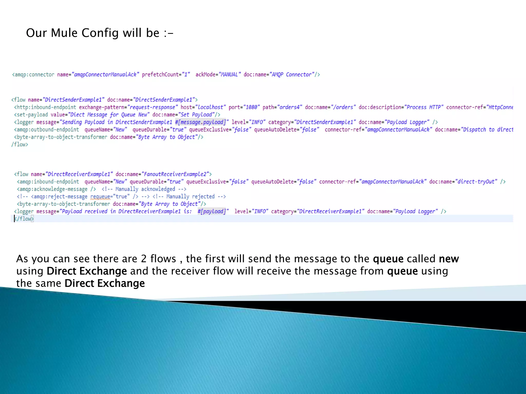 Our Mule Config will be :-
As you can see there are 2 flows , the first will send the message to the queue called new
using Direct Exchange and the receiver flow will receive the message from queue using
the same Direct Exchange
 