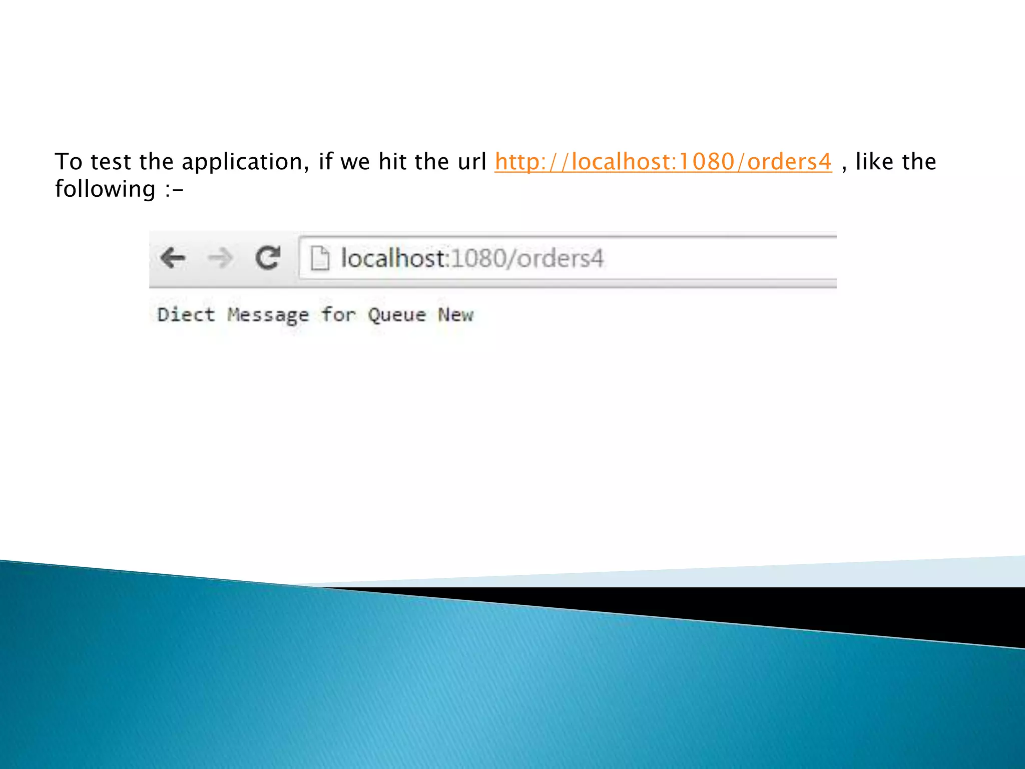 To test the application, if we hit the url http://localhost:1080/orders4 , like the
following :-
 