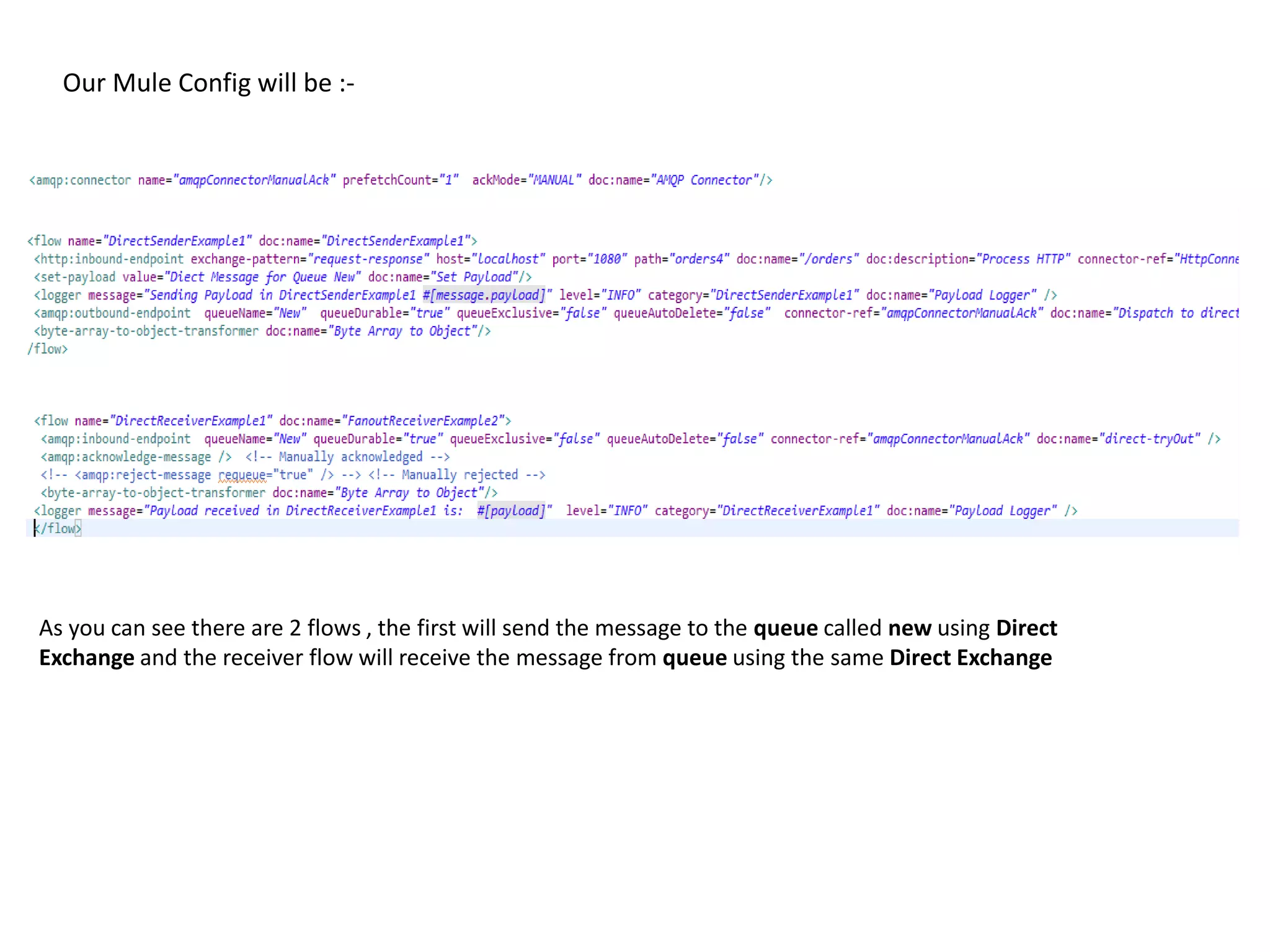 Our Mule Config will be :-
As you can see there are 2 flows , the first will send the message to the queue called new using Direct
Exchange and the receiver flow will receive the message from queue using the same Direct Exchange
 