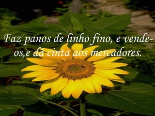 Faz panos de linho fino, e vende-os,e dá cinta aos mercadores. 