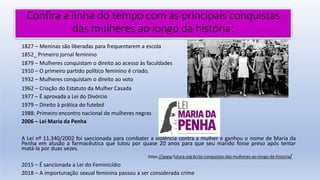 Confira a linha do tempo com as principais conquistas
das mulheres ao longo da história:
1827 – Meninas são liberadas para frequentarem a escola
1852_ Primeiro jornal feminino
1879 – Mulheres conquistam o direito ao acesso às faculdades
1910 – O primeiro partido político feminino é criado.
1932 – Mulheres conquistam o direito ao voto
1962 – Criação do Estatuto da Mulher Casada
1977 – É aprovada a Lei do Divórcio
1979 – Direito à prática do futebol
1988: Primeiro encontro nacional de mulheres negras
2006 – Lei Maria da Penha
A Lei nº 11.340/2002 foi sancionada para combater a violência contra a mulher e ganhou o nome de Maria da
Penha em alusão a farmacêutica que lutou por quase 20 anos para que seu marido fosse preso após tentar
matá-la por duas vezes.
https://www.futura.org.br/as-conquistas-das-mulheres-ao-longo-da-historia/
2015 – É sancionada a Lei do Feminicídio
2018 – A importunação sexual feminina passou a ser considerada crime
 