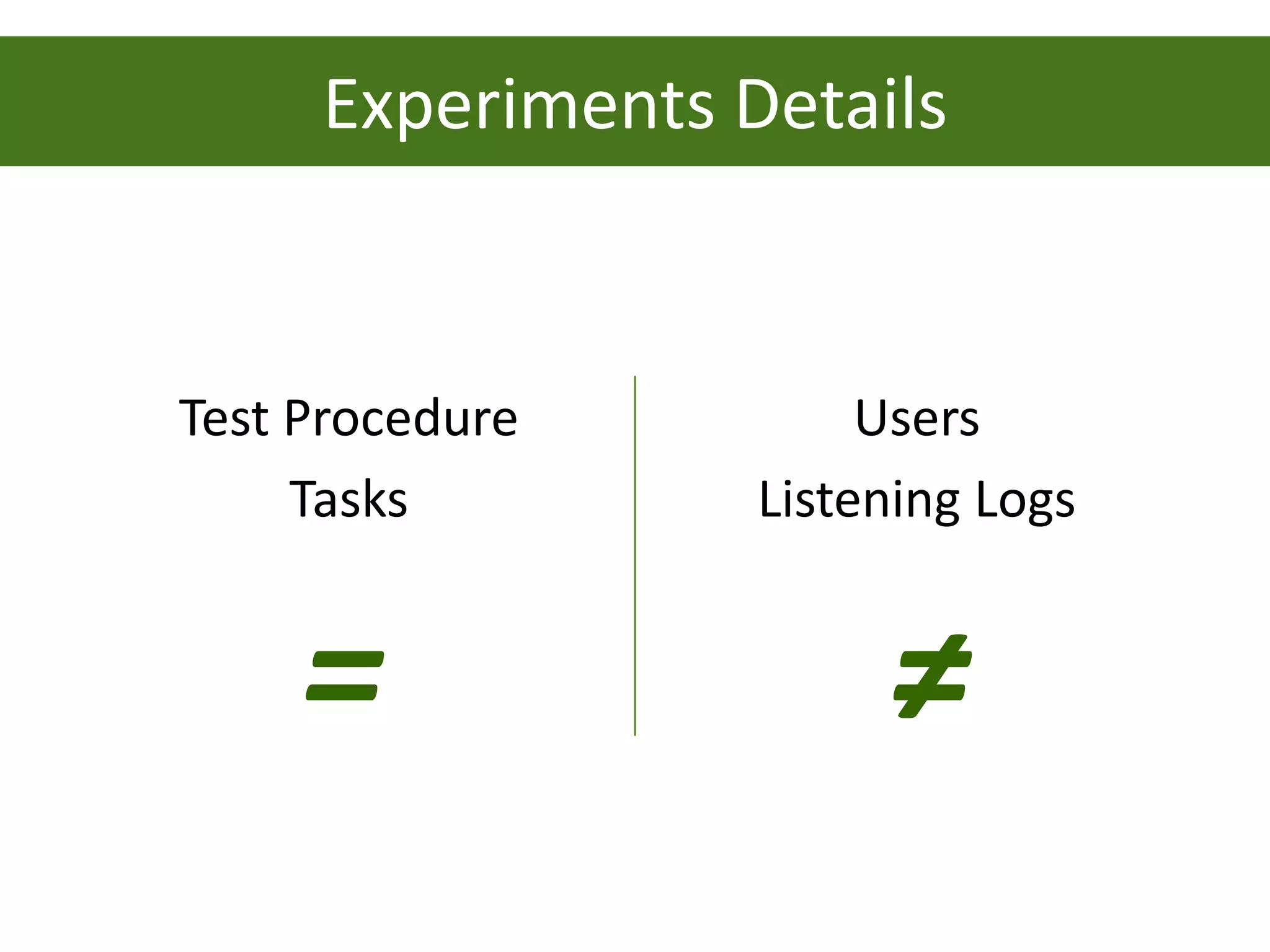 Experiments Details


Test Procedure         Users
     Tasks        Listening Logs


     =                 ≠
 