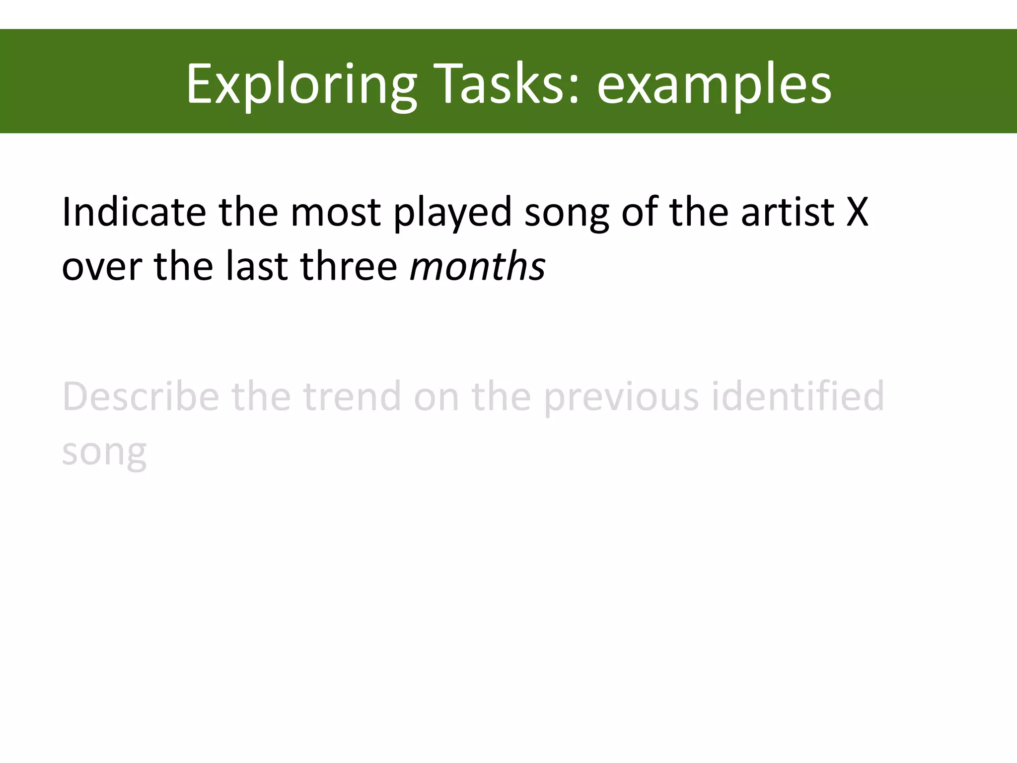 Exploring Tasks: examples
Indicate the most played song of the artist X
over the last three months

Describe the trend on the previous identified
song
 