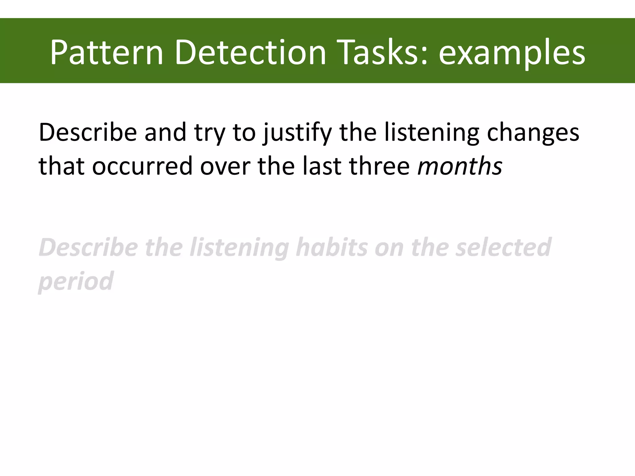 Pattern Detection Tasks: examples
Describe and try to justify the listening changes
that occurred over the last three months

Describe the listening habits on the selected
period
 
