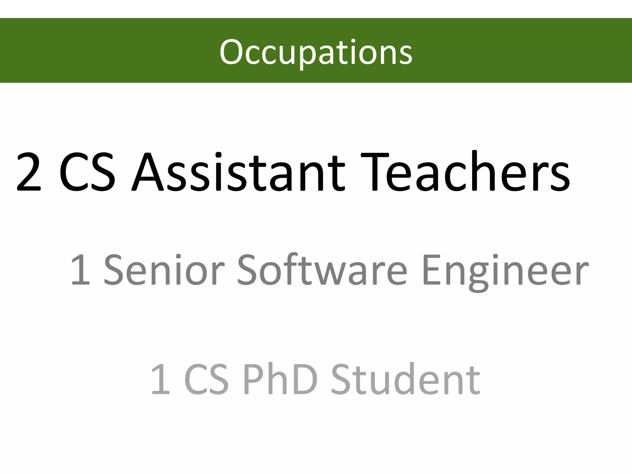 Occupations


2 CS Assistant Teachers
  1 Senior Software Engineer

     1 CS PhD Student
 