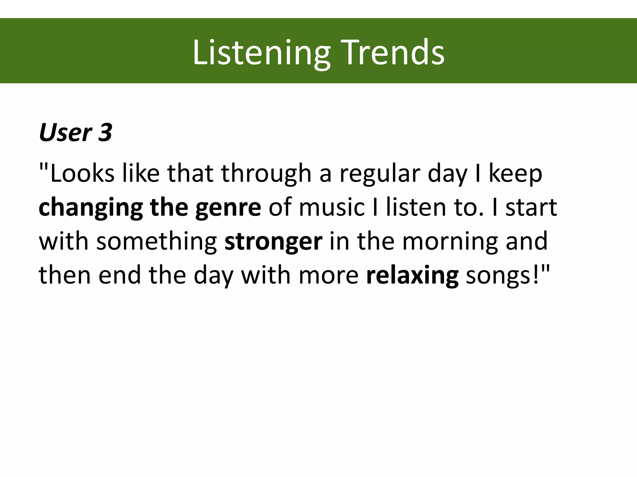 Listening Trends
User 3
"Looks like that through a regular day I keep
changing the genre of music I listen to. I start
with something stronger in the morning and
then end the day with more relaxing songs!"
 