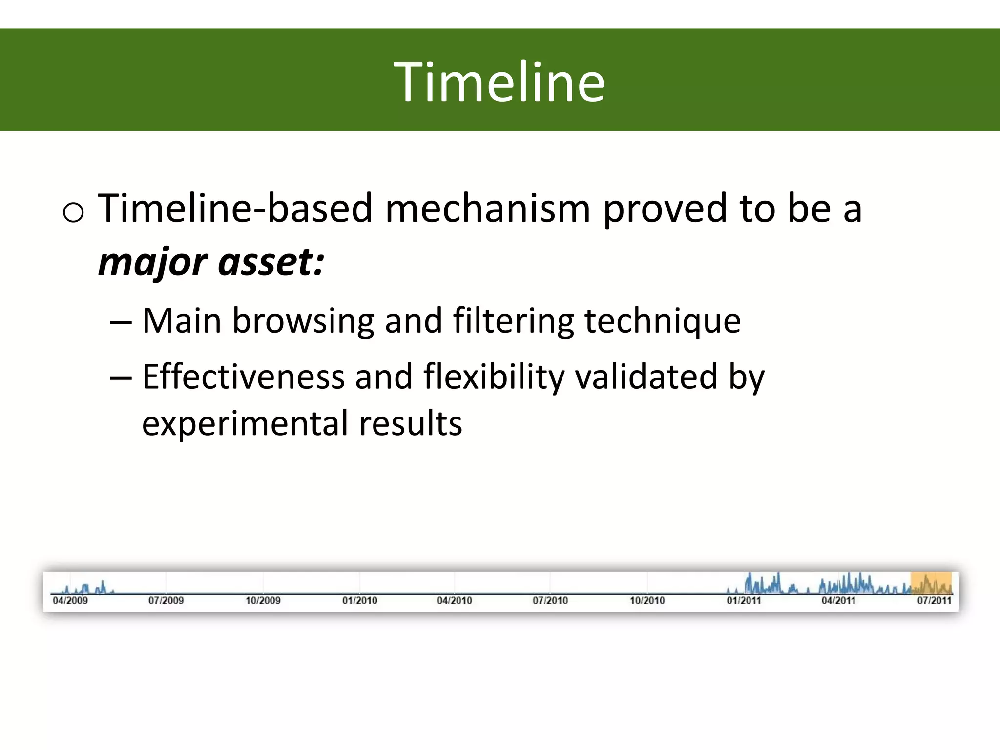 Timeline
o Timeline-based mechanism proved to be a
  major asset:
  – Main browsing and filtering technique
  – Effectiveness and flexibility validated by
    experimental results
 
