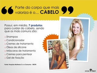 Parte do corpo que mais
               valoriza é o… CABELO


Possui, em média, 7 produtos
para cuidar do cabelo, sendo
que os mais comuns são:

o Shampoo
o Condicionador
o Cremes de tratamento
o Óleos de silicone
o Máscaras de tratamento
o Cremes para pentear
o Gel de fixação

Fonte: Pesquisa Mulheres C e o Consumo - IBOPE
 