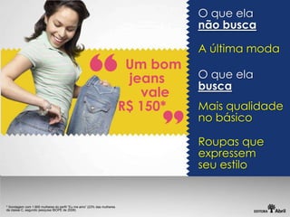 O que ela
                                                                                  não busca

                                                                                  A última moda
                                                                         Um bom
                                                                         jeans    O que ela
                                                                                  busca
                                                                           vale
                                                                        R$ 150*   Mais qualidade
                                                                                  no básico

                                                                                  Roupas que
                                                                                  expressem
                                                                                  seu estilo


* Sondagem com 1.900 mulheres do perfil “Eu me amo” (23% das mulheres
da classe C, segundo pesquisa IBOPE de 2008)
 