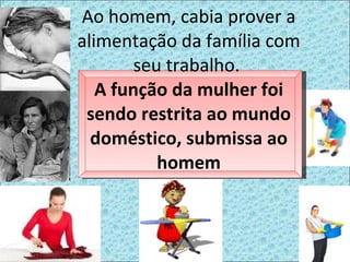 Ao homem, cabia prover a alimentação da família com seu trabalho.  A função da mulher foi sendo restrita ao mundo doméstico, submissa ao homem 